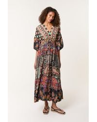 Blue Vanilla - Shirred Waist Multi Three Quarter Sleeve V-Neck Maxi Dress - Lyst