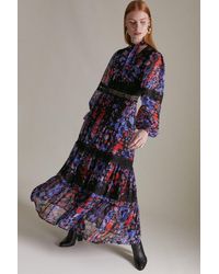 Karen Millen - Printed Lace Mix Volume Sleeve Maxi Dress - Lyst