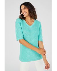 DAMART - V-Neck Textured-Stitch Short Sleeve Cotton Blend Jumper - Lyst