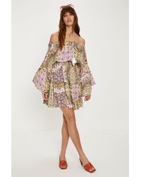 Oasis - Paisley Print Crinkle Shirred Bardot Dress - Lyst