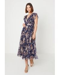 Oasis - Floral Print Mesh Midi Dress - Lyst