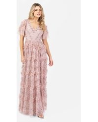 Maya Deluxe - Fully Embellished Short Sleeve V Neck Ruffle Maxi Dress - Lyst