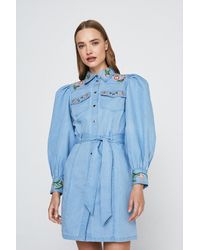 Warehouse - Denim Embroidered Western Belted Mini Dress - Lyst