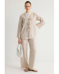 WOVCOR - 2-Piece Linen Look Tie Detail Top & Wide Leg Trouser Co-Ord Set - Lyst