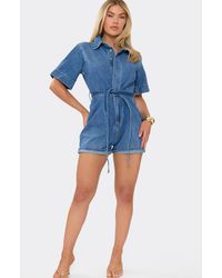 EGO - Short Sleeve Zip Denim Playsuit - Lyst