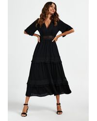 FS Collection - V Neck Lace Detail Maxi Dress In Black - Lyst