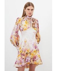 Karen Millen - Petite Trailing Floral Woven Plunge Mini Dress - Lyst