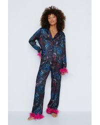 Nasty Gal - Astrology Satin Feather Pajama Pants Set - Lyst