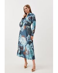 Karen Millen - Abstract Floral Draped Satin Woven Midi Dress - Lyst