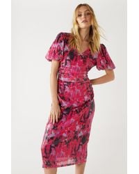 Warehouse - Printed Sequin Puff Sleeve Ruched Midi Dress - Lyst
