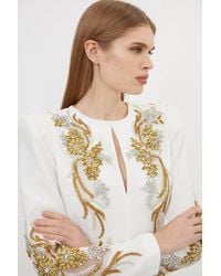 Karen Millen - Premium Crystal Power Shoulder Embellished Woven Maxi Dress - Lyst