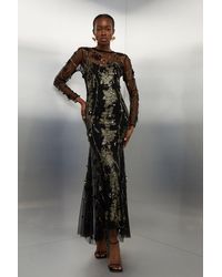Karen Millen - Petite Floral Applique Metallic Viscose Georgette Woven Maxi Dress - Lyst