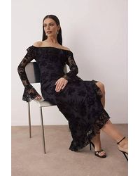 WOVCOR - Floral Flocked Lace Bardot Ruffle Long Sleeve Maxi Dress - Lyst