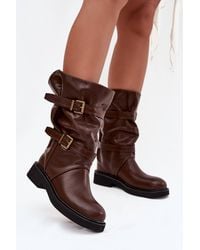 Love Lace - Slip-On Faux Leather Calf Boots With Buckle - Lyst