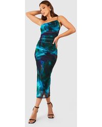Boohoo - Tall Abstract Ruched Mesh One Shoulder Midaxi Dress - Lyst