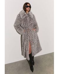 Warehouse - Animal Faux Fur Oversized Collar Belted Longline Coat - Lyst