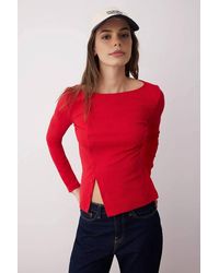 WOVCOR - Button Detail Crew Neck Ribbed Stretch Knit Blouse - Lyst