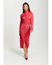 Liquorish - Distorted Houndstooth Print Fitted Midi Dress With High Neck & Ruching Detail - Lyst