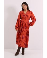 Dorothy Perkins - Petite Seam Detail Collared Blouson Sleeve Printed Midi Dress - Lyst