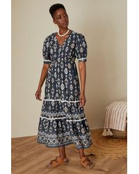 Monsoon - V-neck Button Ikat Print Midi Dress In Sustainable Cotton Blue - Lyst