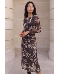 Roman - Petite Animal Print Mesh Ruched Midi Dress - Lyst