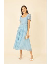 Yumi' - Blue Lace Dress With Pleated Skirt And Belt - Lyst