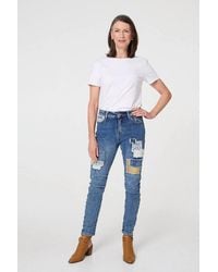 Izabel London - Patchwork Detail Frayed Skinny Jeans - Lyst