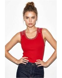 Bianco Lucci - Ribbed Sleeveless Crew Neck Blouse With Stone Accessory - Lyst