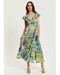 Liquorish - Abstract Print Maxi Wrap Dress In Sage And Purple - Lyst