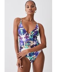 Karen Millen - Mirror Floral Wrap Front Belted Swimsuit - Lyst