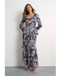 Warehouse - Long Sleeve Cowl Neck Floral Print Ruffle Detail Maxi Dress - Lyst