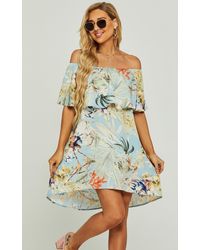FS Collection - Pretty Floral Print Bardot Frill Off Shoulder Mini Dress In Blue - Lyst