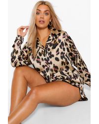 Boohoo - Plus Leopard Print Long Sleeve Shirt And Shorts Pyjama Set - Lyst