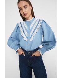 Warehouse - Denim Lace And Frill Detail Shirt - Lyst