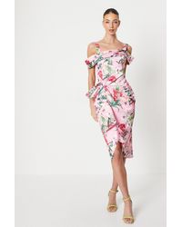 Coast - Floral Satin Ruched Pencil Dress - Lyst