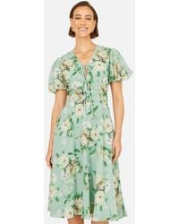 Yumi' - Ivory Floral Tea Dress With Front Ties - Lyst
