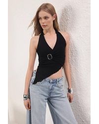 WOVCOR - Wrap Neck Accessory Detail Knitted Party Blouse - Lyst
