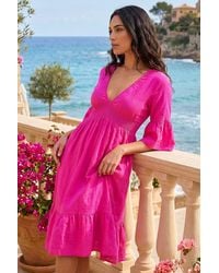 Roman - Linen Look Shirred Midi Dress - Lyst