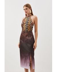 Karen Millen - Tailored Italian Signature Stretch Ombre Feather Print Midi Dress - Lyst