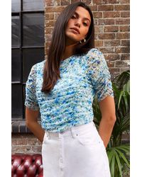 Oasis - Blue Ditsy Floral Mesh Ruched Sleeve Top - Lyst