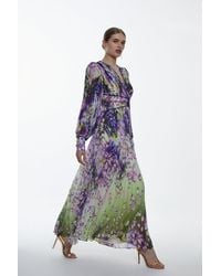 Karen Millen - Cascading Floral Pleated Woven Maxi Dress - Lyst