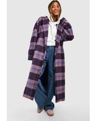 Boohoo - Check Cuff Detail Belted Wool Look Coat - Lyst