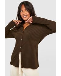 Boohoo - Plus Knitted Rib Button Front Collared Cardigan - Lyst