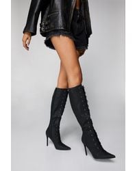 Nasty Gal - Faux Leather Snake Pointed Toe Lace Up Knee High Boots - Lyst