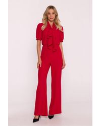 Love Lace - High Waisted Short Sleeve Flared Jumpsuit With Puff Sleeves - Lyst