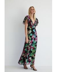 Warehouse - Sparkle Floral Jacquard V Neck Midi Dress - Lyst