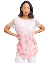 Roman - Sequin Mesh Overlay Floral Stretch Top - Lyst