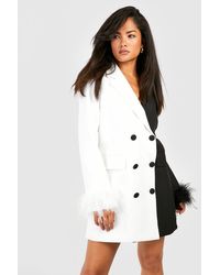 Boohoo - Mono Double Breasted Feather Trim Blazer Dress - Lyst