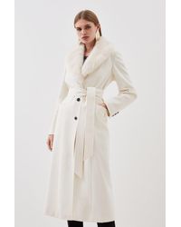 Karen Millen - Italian Manteco Wool Blend Faux Fur Collar Belted Coat - Lyst