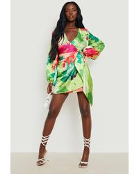Boohoo - Floral Satin Tie Front Dress - Lyst